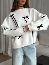 Bows Printed White Knitted Loose Pullover Fashion O Neck Long Sleeve Oversized Sweater